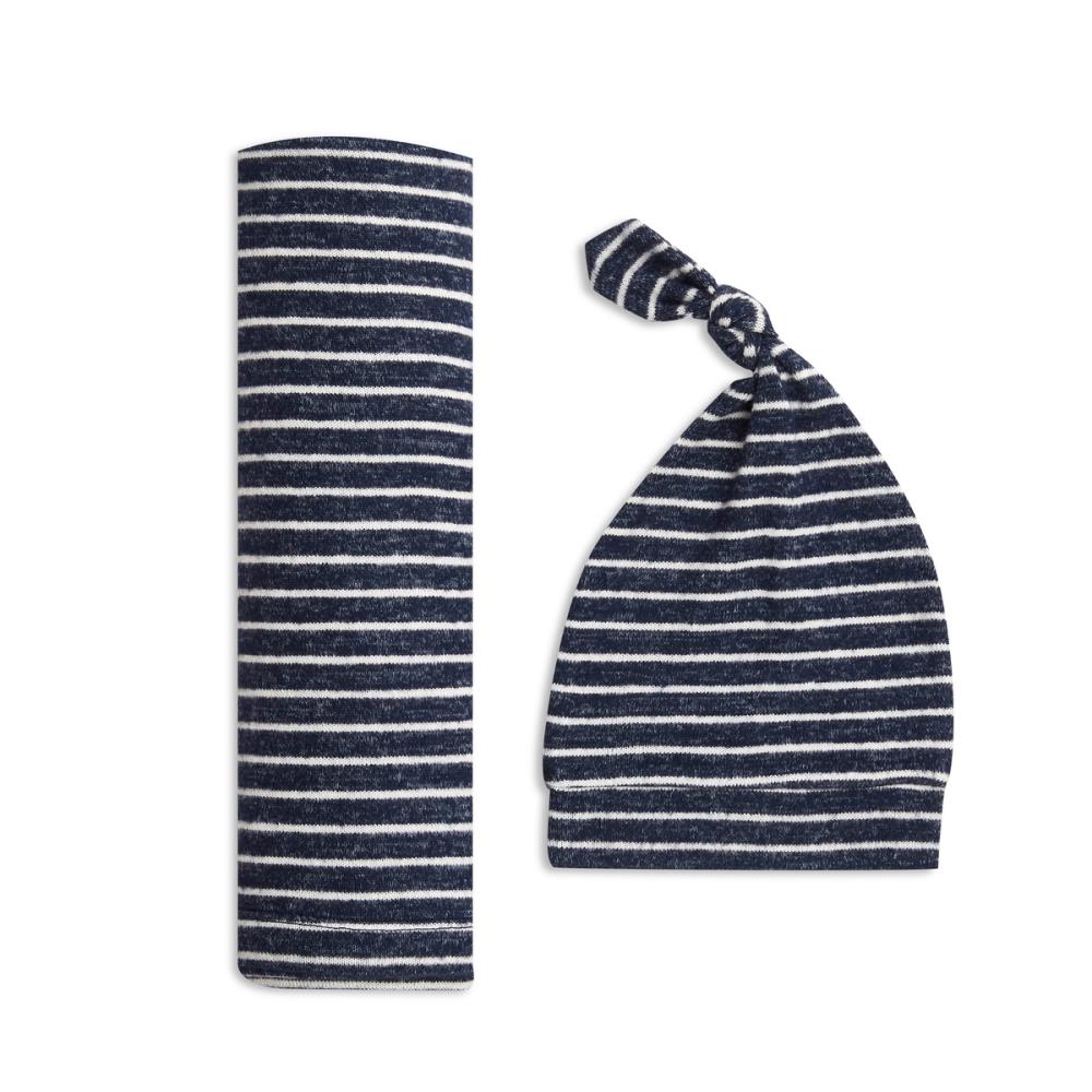 aden+anais Kocyk dzianinowy i czapeczka SNUGGLE KNIT NAVY STRIPE