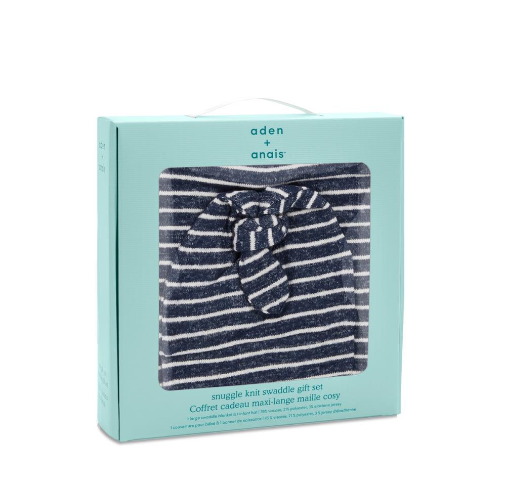 aden+anais Kocyk dzianinowy i czapeczka SNUGGLE KNIT NAVY STRIPE